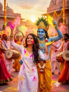 Colorful Holi celebration with dancing figures.